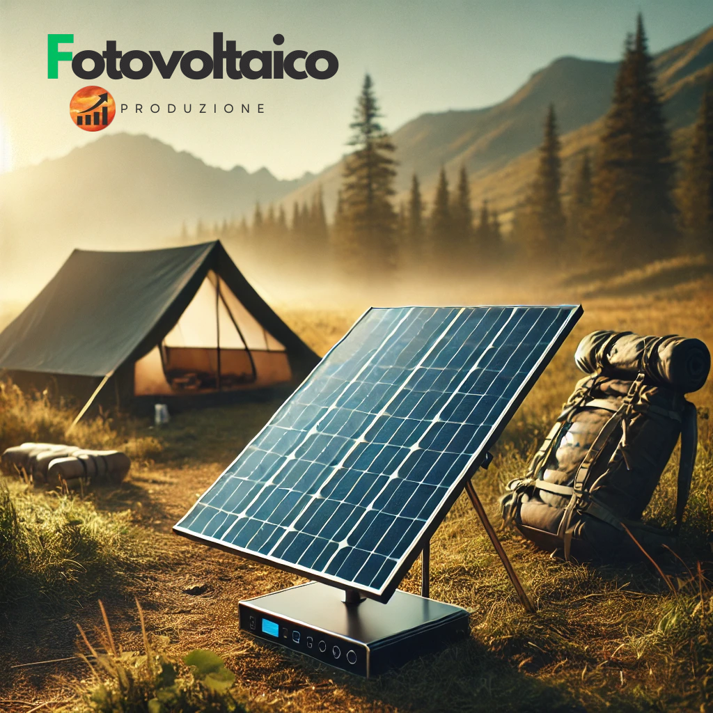 Pannello fotovoltaico portatile in un ambiente naturale, perfetto per alimentare dispositivi in campeggio e all'aperto.