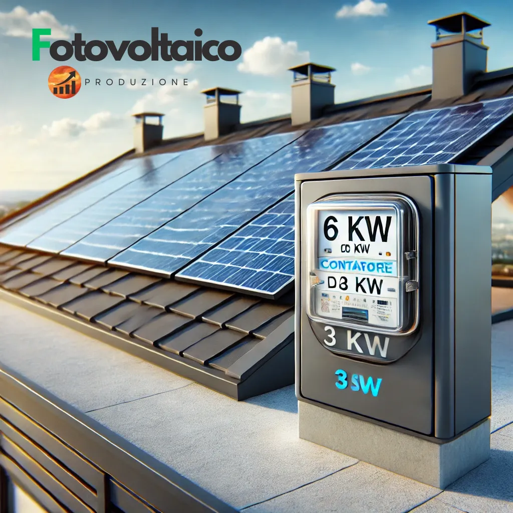 Impianto fotovoltaico da 6 kW su contatore da 3 kW con informazioni sul costo mensile contatore 6 kW, installato su un tetto residenziale esposto alla luce del sole