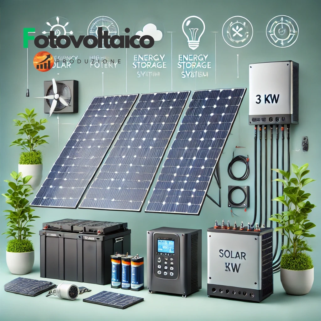 Immagine di un kit fotovoltaico 3 kW con accumulo professionale completo, composto da pannelli solari, inverter e batteria.