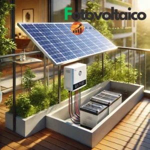 Kit Fotovoltaico da Balcone con accumulo montato su una ringhiera, illuminato dal sole al tramonto, con un'unità di accumulo visibile accanto.