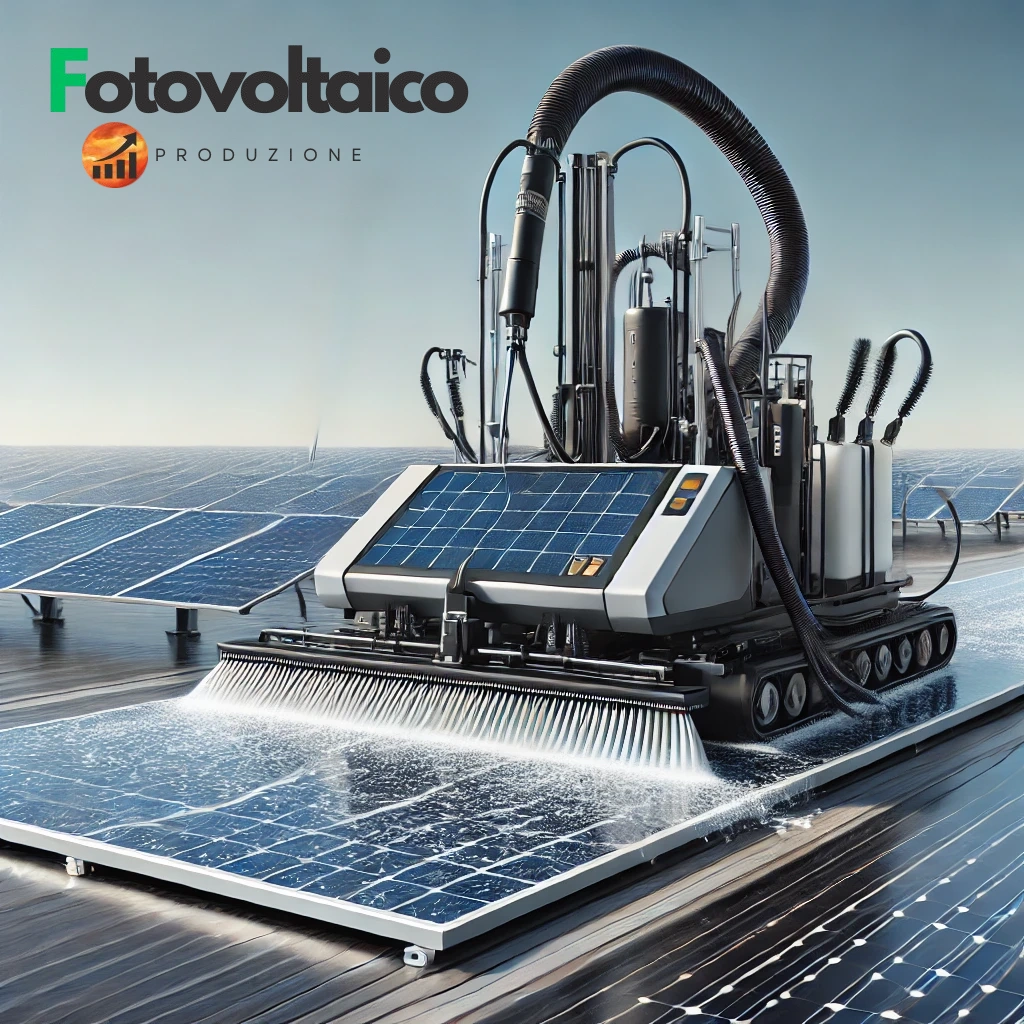 Macchina per pulire pannelli fotovoltaici in azione, progettata con spazzole e getti d'acqua per una pulizia efficace dei pannelli solari.