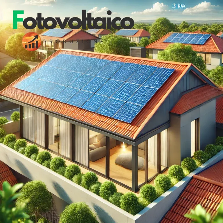 Pannelli fotovoltaici 3 kW installati su un tetto residenziale in una giornata soleggiata, simbolo di energia sostenibile ed efficienza.