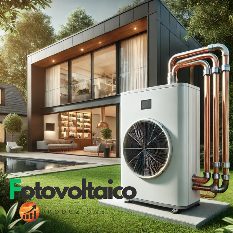 Pompa di calore per riscaldamento installata in una casa moderna, evidenziando l'efficienza energetica e la sostenibilità