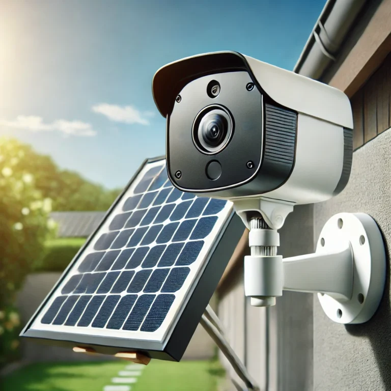 Telecamera WiFi esterno con pannello solare, installata su un muro esterno, alimentata da energia solare per una sorveglianza ecologica e continua