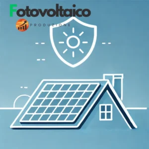 Assicurazione pannelli fotovoltaici grandine: un'illustrazione minimalista di pannelli solari su un tetto con uno scudo che simboleggia protezione