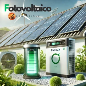 Batteria pannello solare con sistema di accumulo moderno accanto a pannelli fotovoltaici in un ambiente eco-sostenibile e luminoso.