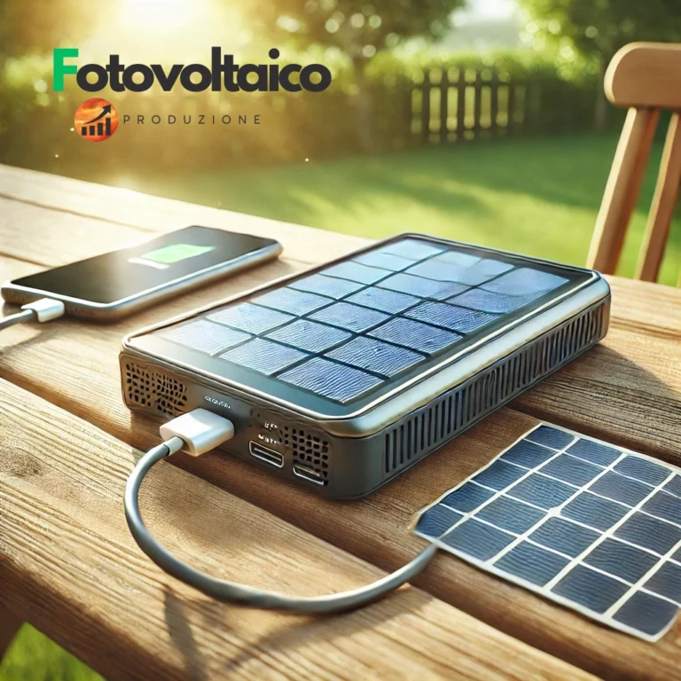 Batterie solari per cellulari in uso all'aperto con un caricabatterie solare collegato a uno smartphone, affiancato da un power bank solare e un pannello solare per zaino