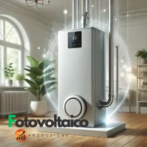 Boiler a pompa di calore moderno ed efficiente posizionato in un ambiente domestico illuminato, simbolo di risparmio energetico e sostenibilità