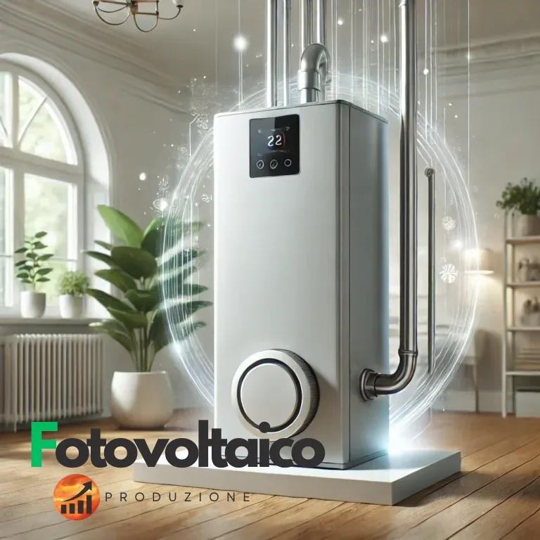 Boiler a pompa di calore moderno ed efficiente posizionato in un ambiente domestico illuminato, simbolo di risparmio energetico e sostenibilità