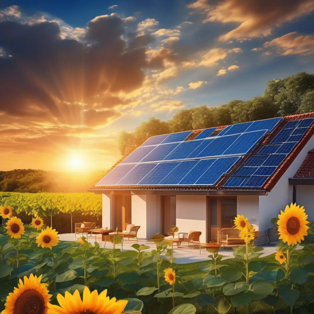 Fotovoltaico e solare termico rappresentati in un'illustrazione ambientata nella campagna italiana, mostrando le differenze tra i due sistemi