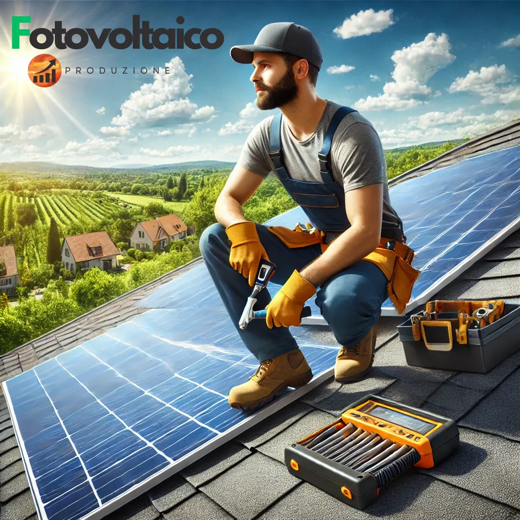 Impiantista fotovoltaico su un tetto che installa pannelli solari in una giornata soleggiata