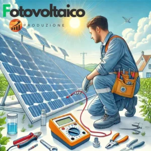 Manutenzione impianto fotovoltaico con un tecnico che verifica i pannelli solari in un ambiente soleggiato