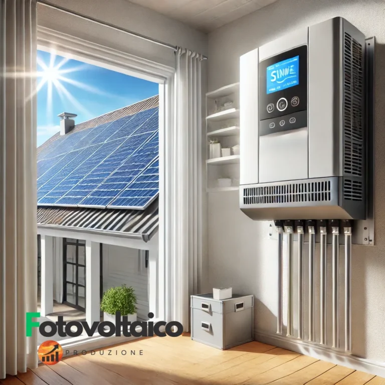 Inverter per Fotovoltaico 3 kW e 6 kW installato in una casa, con pannelli solari visibili sul tetto e un display digitale che mostra l'energia prodotta