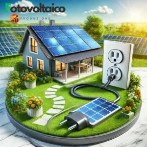 Fotovoltaico plug and play 800 watt con accumulo in un giardino, con pannello solare collegato a una presa elettrica