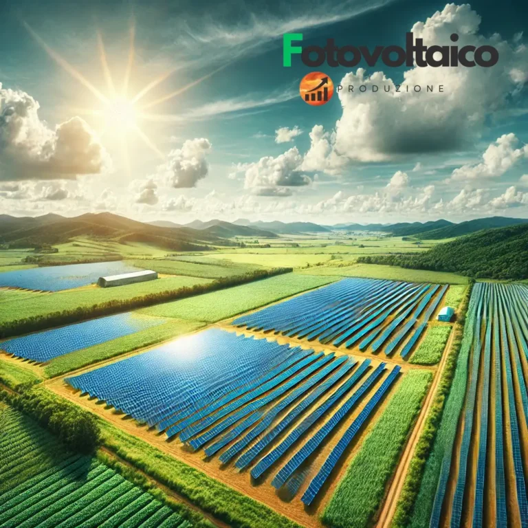 Affitto terreno per fotovoltaico: ampio campo con pannelli solari installati su terreno agricolo sotto un cielo sereno