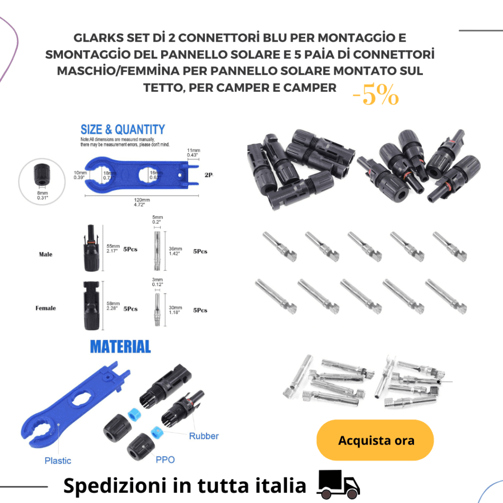 Connettori MC4 fotovoltaico per collegamenti sicuri ed efficienti tra i pannelli solari, con cavi resistenti.